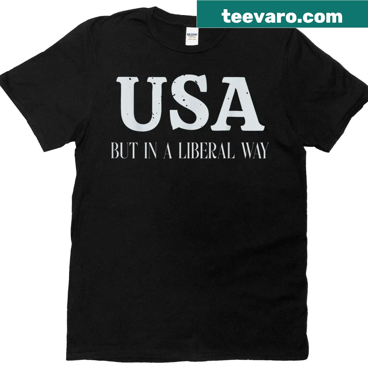 Patriotic t-shirt with feminist and liberal themes for 4th of July — on a men's t-shirt