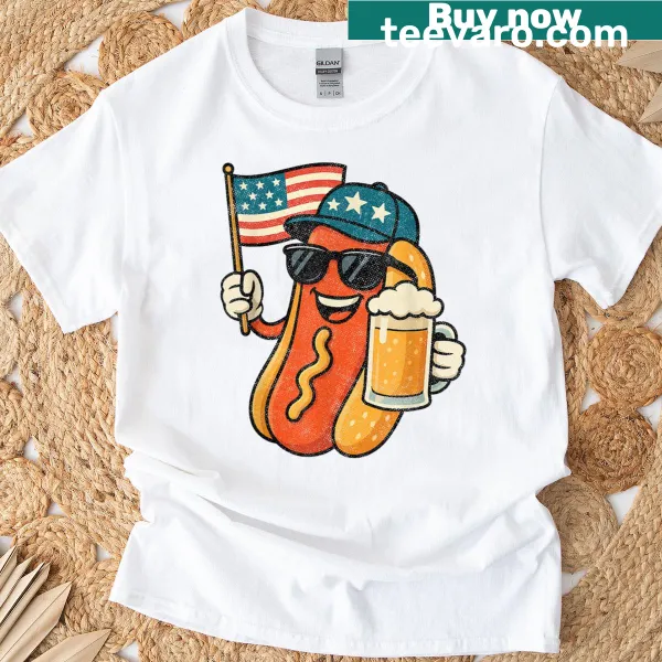 Funny 4th of July t-shirt with beer and hot dog graphic on the flag