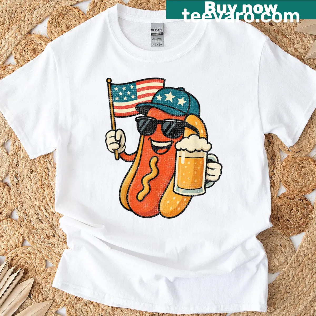 Funny 4th of July t-shirt with beer and hot dog graphic on the flag — on a men's t-shirt