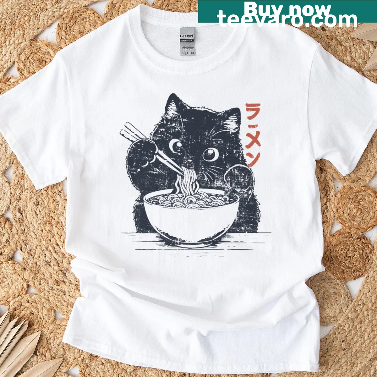 Vintage t-shirt featuring a kawaii cat enjoying ramen in a cute design. — on a men's t-shirt