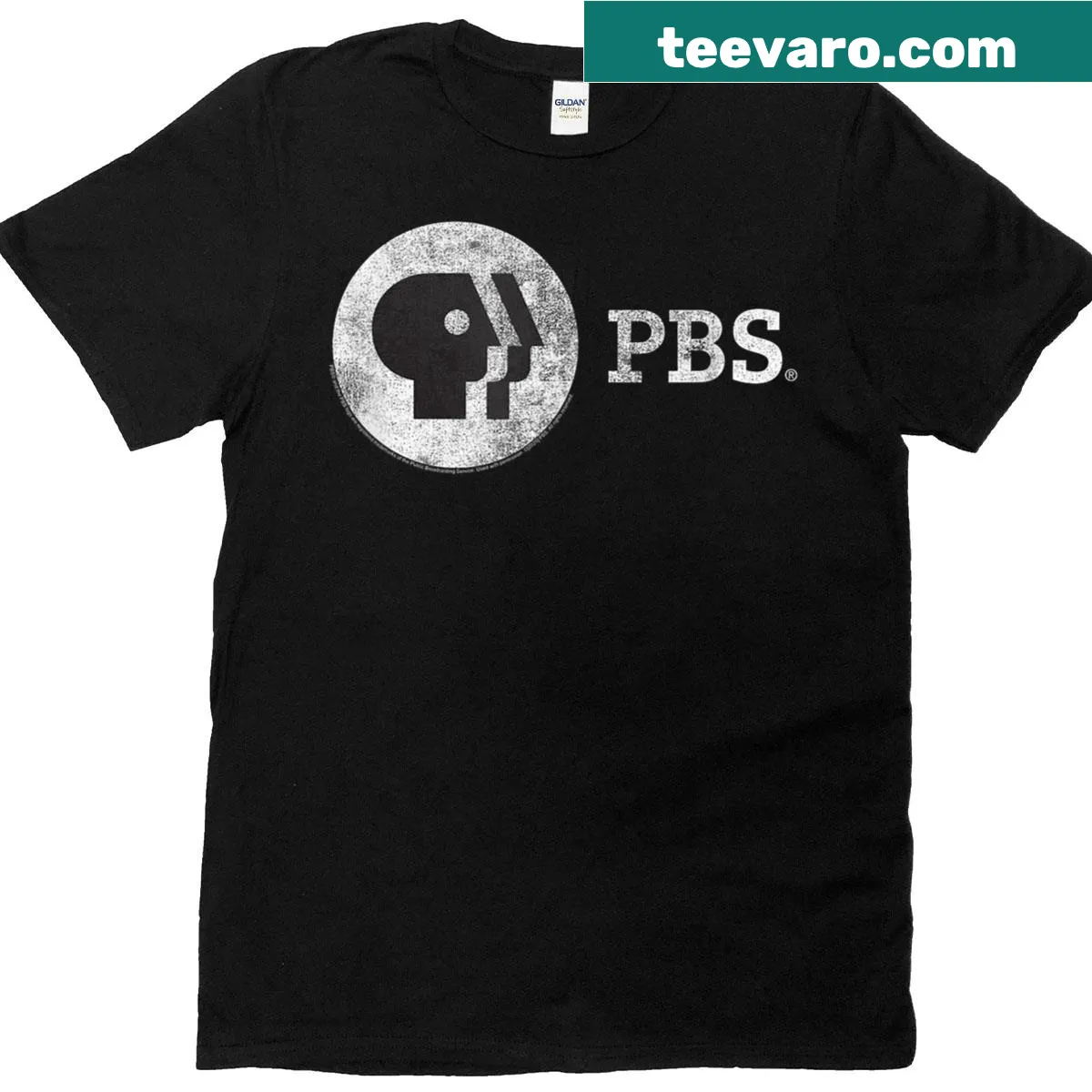 Vintage round white logo of Public Broadcasting Service — on a men's t-shirt