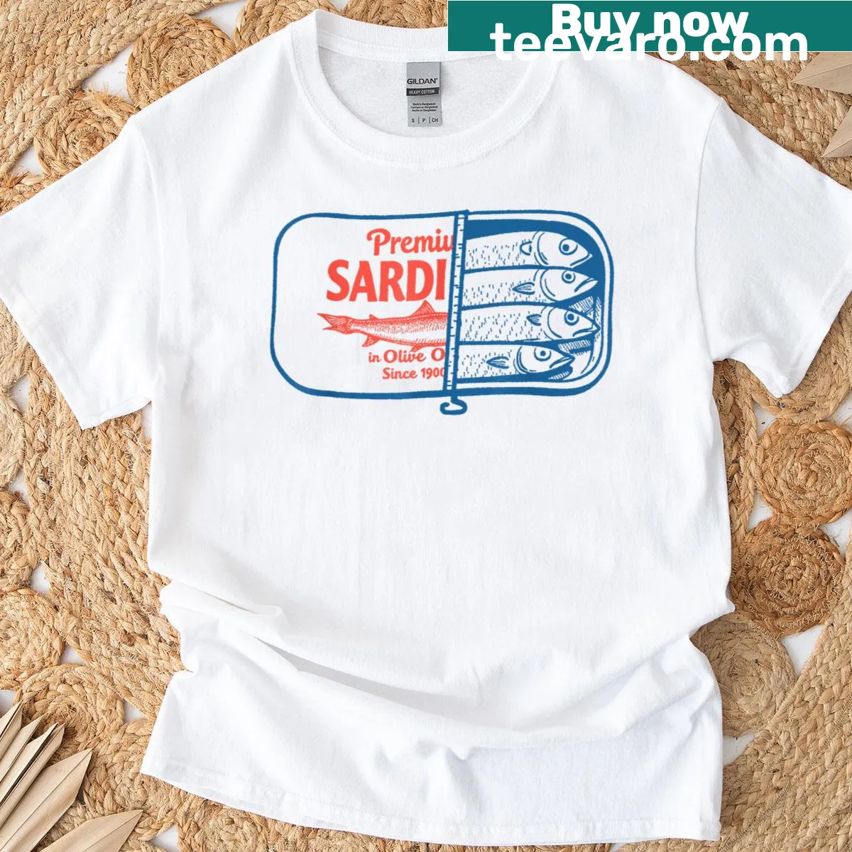 Vintage sardine graphic t-shirt for men and women — on a men's t-shirt