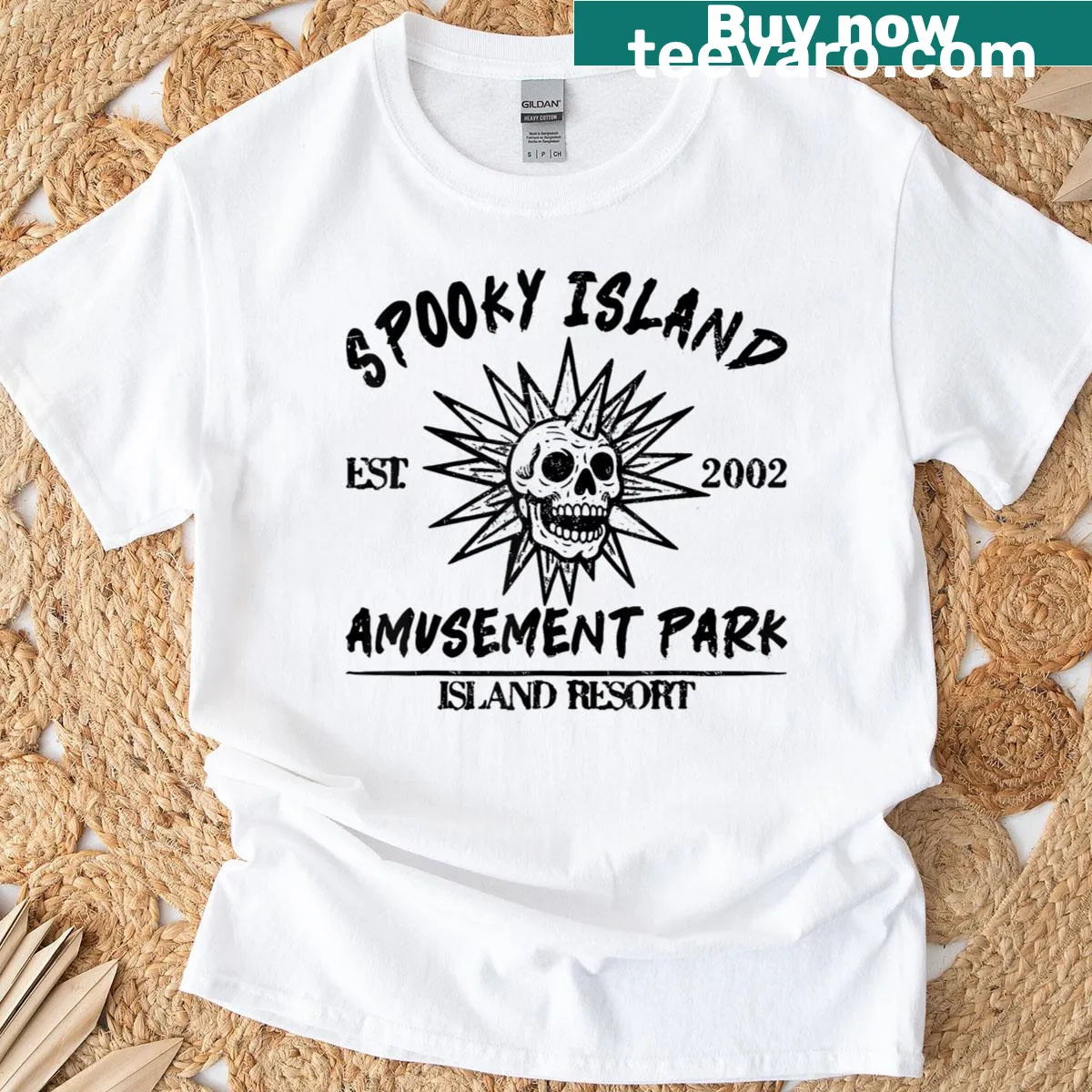 Vintage T-shirt featuring 'Spooky Island Est 2002' design. — on a men's t-shirt