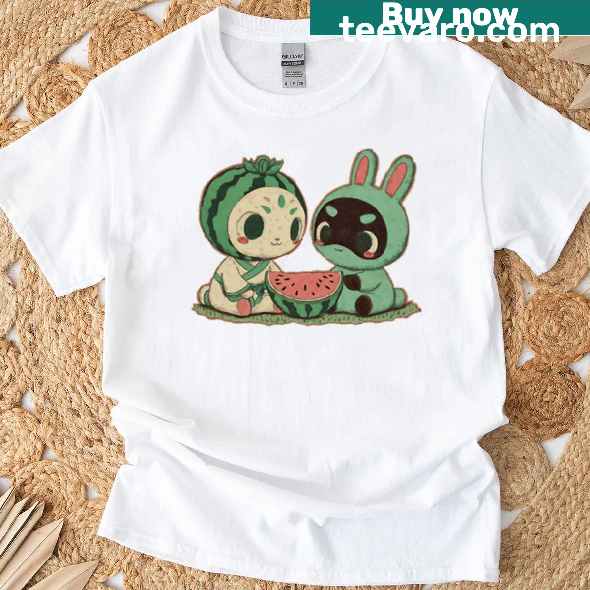 Cute t-shirt featuring a watermelon picnic scene in a cheerful cartoon style. — on a men's t-shirt