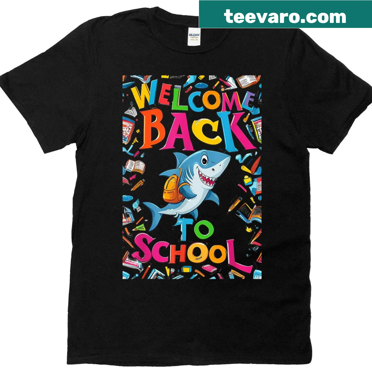 T-shirt with a happy shark illustration, designed for kids going back to school. — on a men's t-shirt