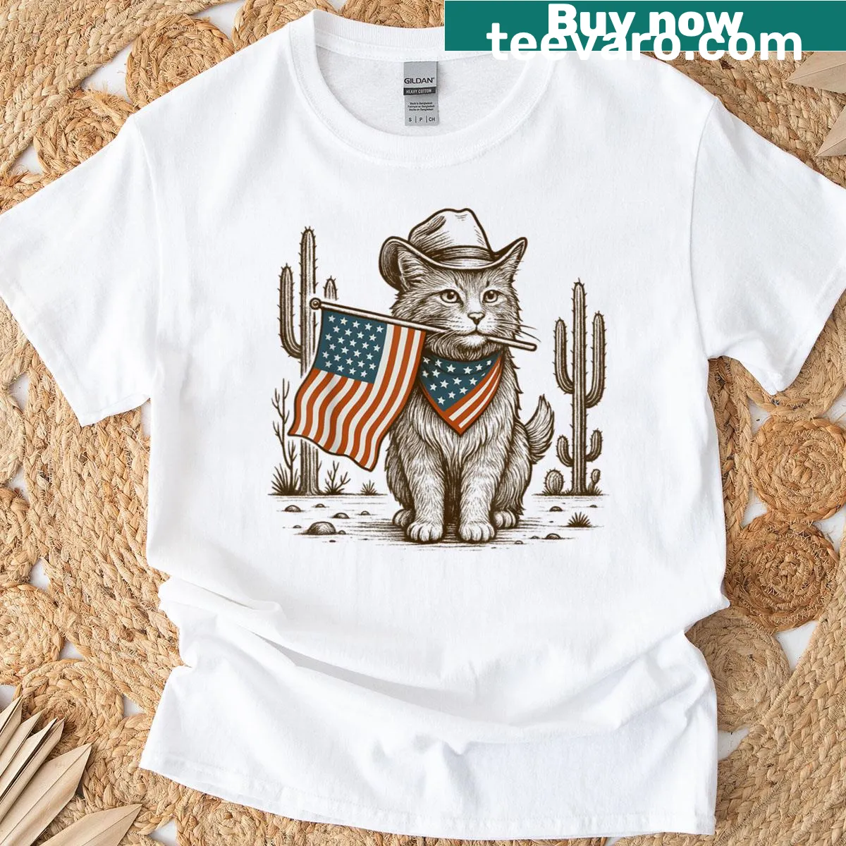 Patriotic T-shirt featuring a cowboy cat for Fourth of July — on a men's t-shirt