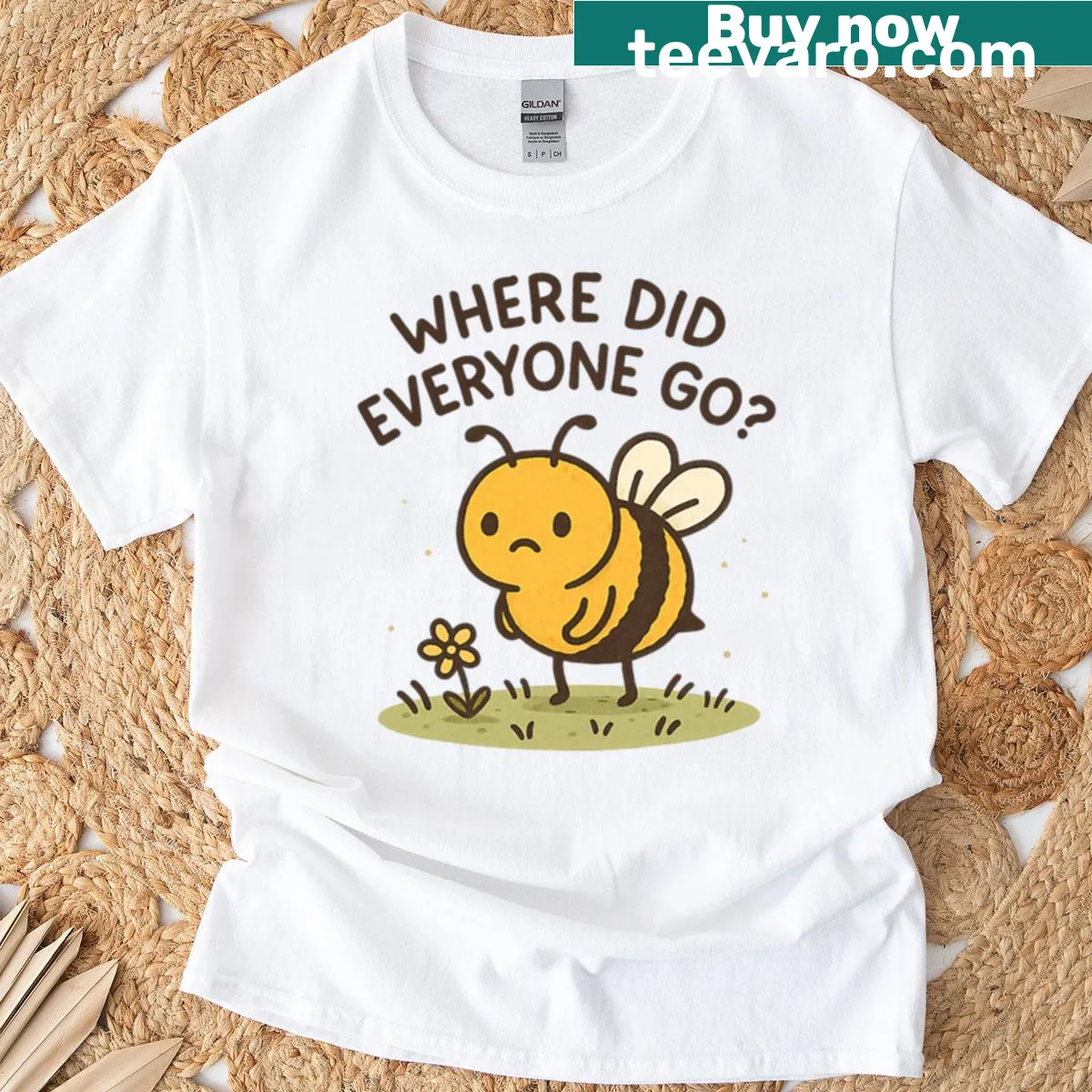 Cute sad bee illustration asking where everyone went — on a men's t-shirt