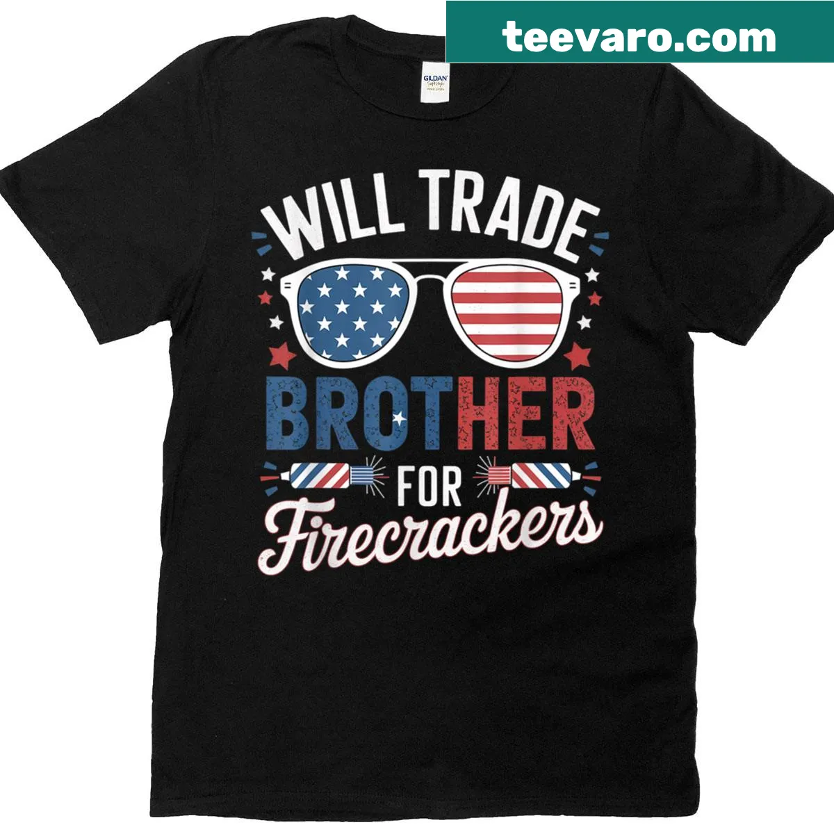Patriotic T-shirt with humorous text about trading a brother for firecrackers — on a men's t-shirt