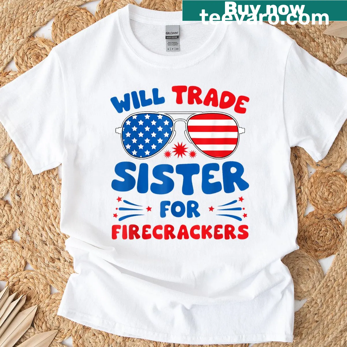 Funny children's T-shirt stating Will Trade Sister For Firecrackers — on a men's t-shirt