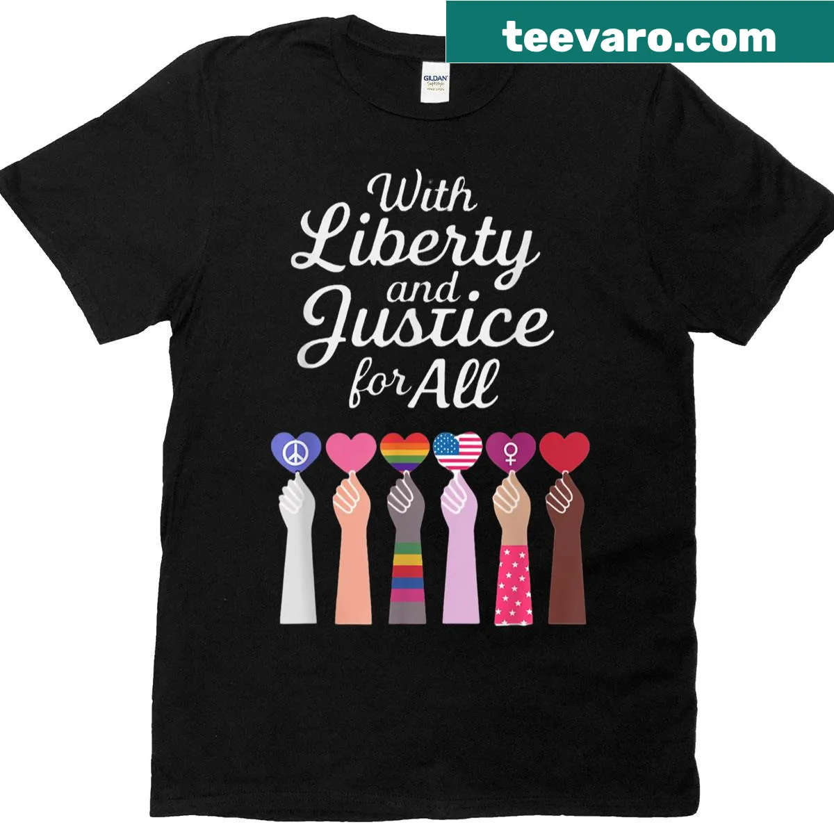 Patriotic T-shirt with text about liberty and justice — on a men's t-shirt