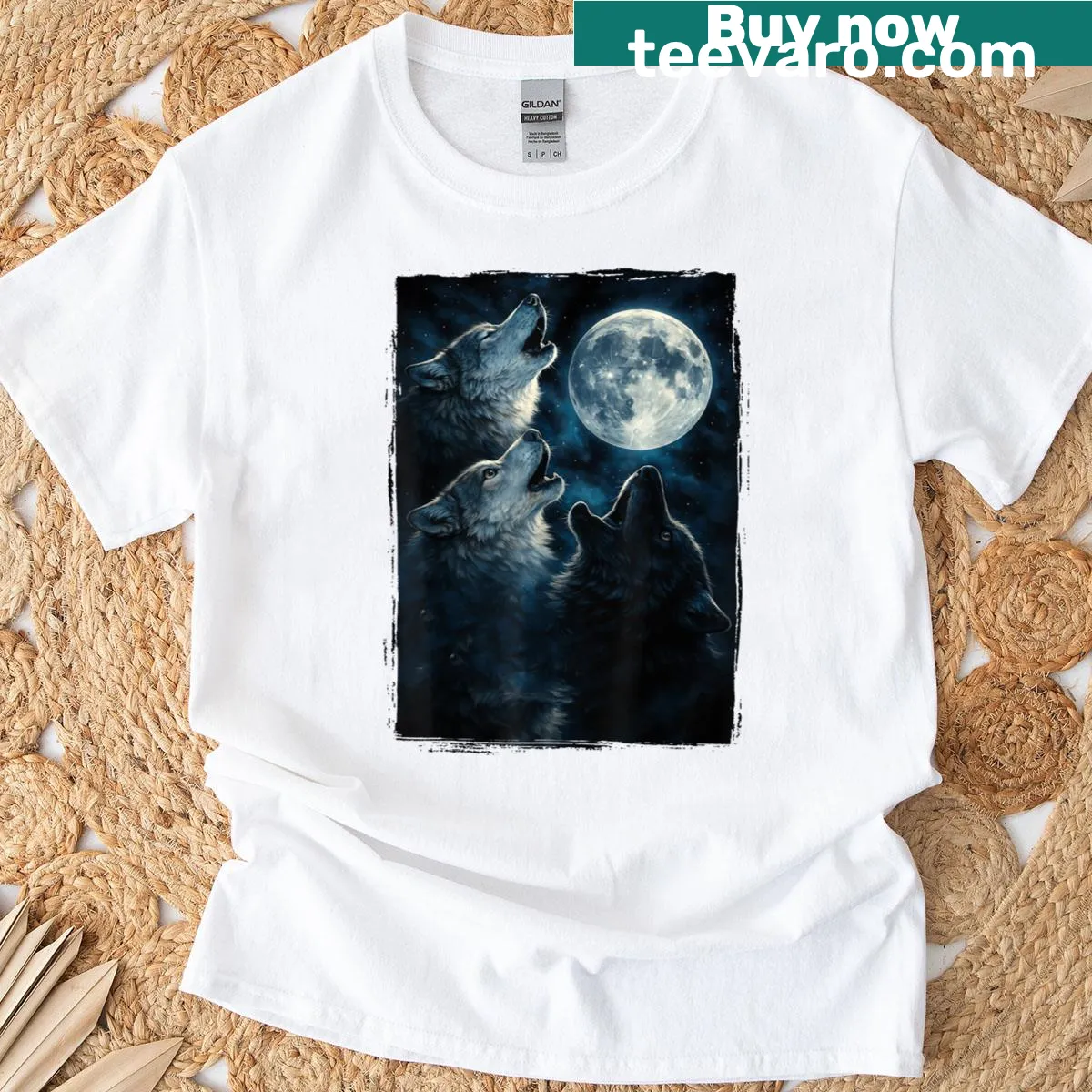 Graphic of a wolf howling at the moon on a T-shirt — on a men's t-shirt