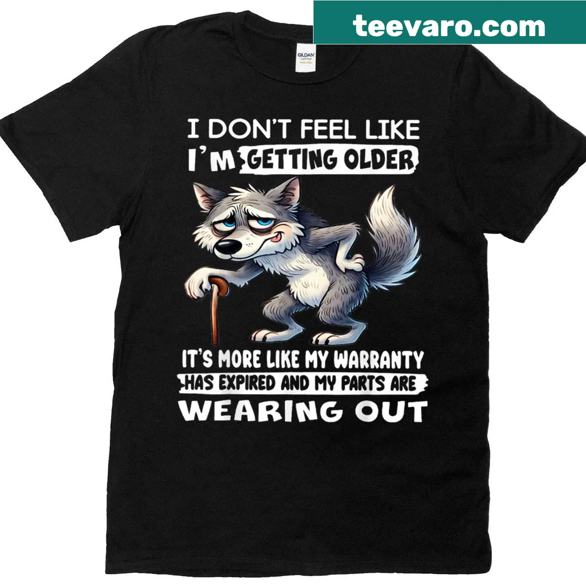 Humorous T-shirt with text about aging gracefully — on a men's t-shirt