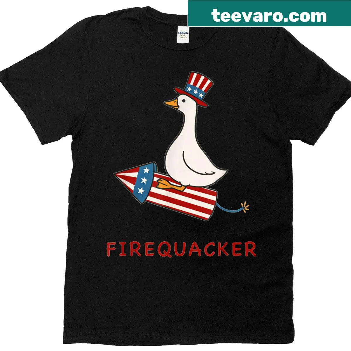 Funny T-shirt with a 'Firequacker' goose design for Independence Day. — on a men's t-shirt