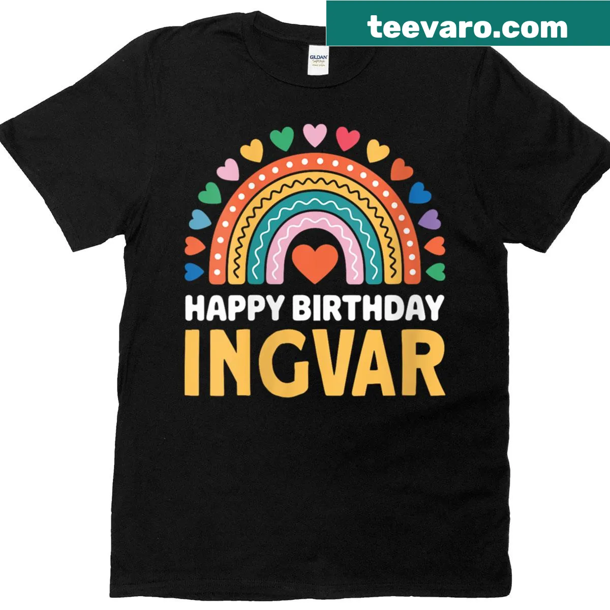 Illustrated birthday shirt with rainbow and 'Happy Birthday' text — on a men's t-shirt