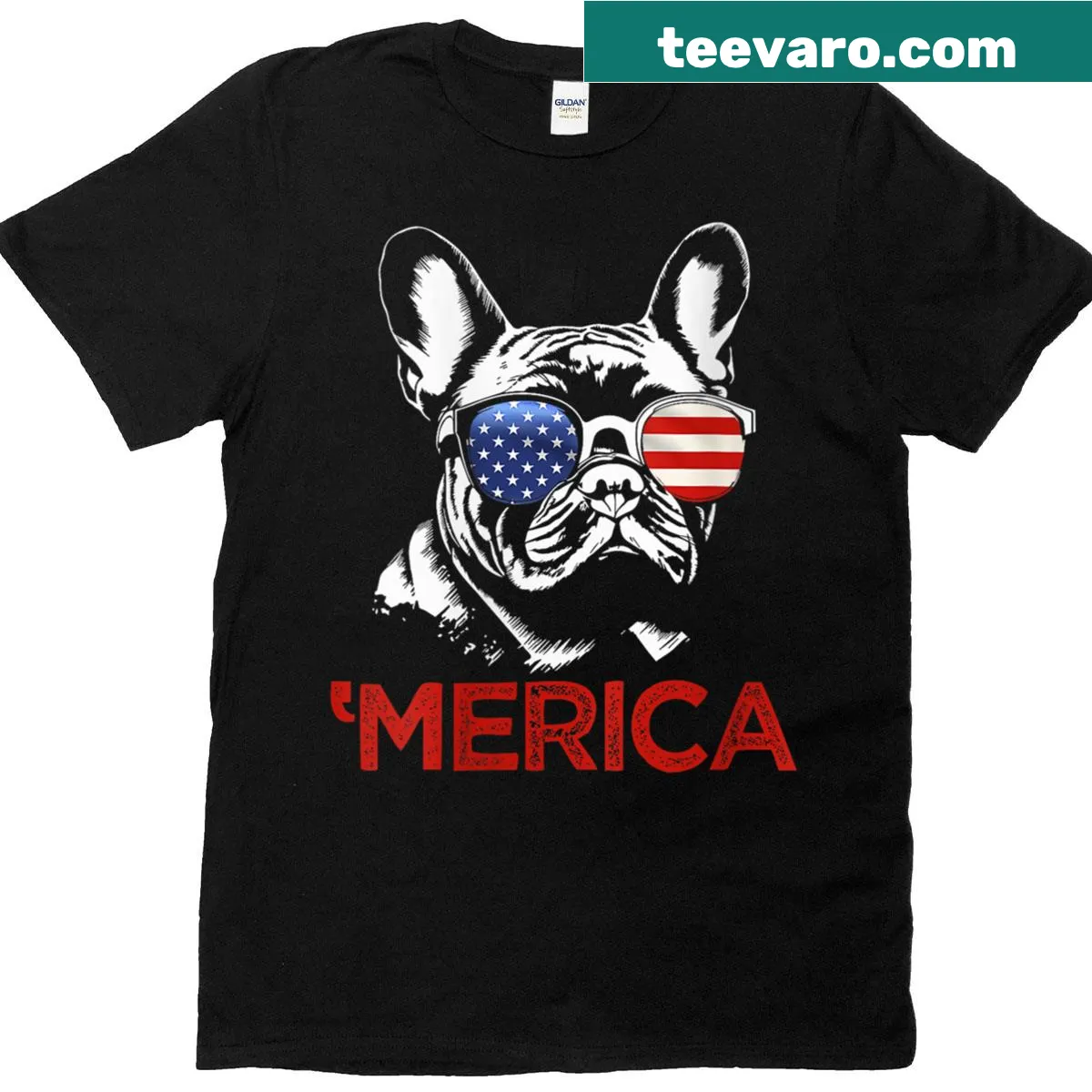 Patriotic t-shirt featuring a French bulldog with an American flag design — on a men's t-shirt