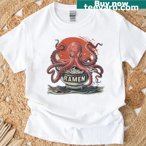 T-shirt featuring an octopus and ramen bowl illustration