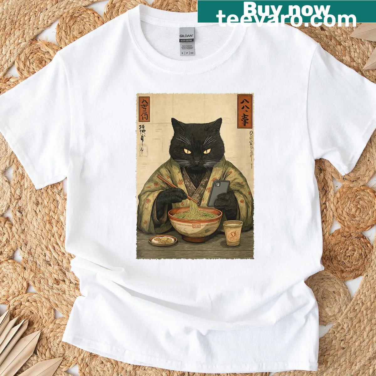 Samurai cat eating ramen graphic T-shirt — on a men's t-shirt