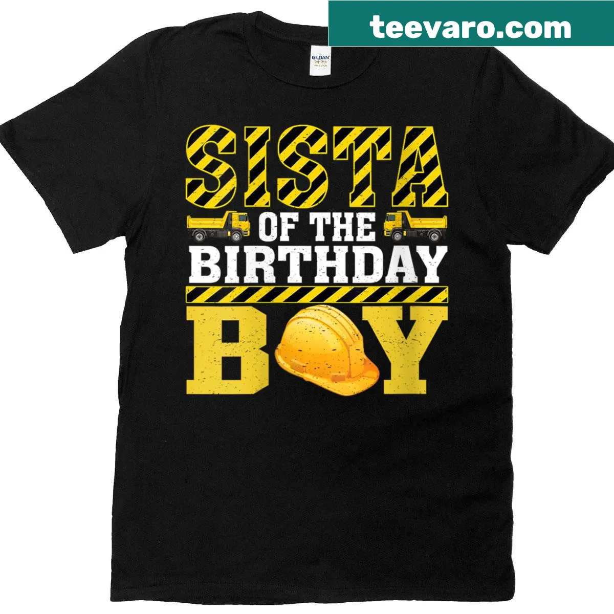 Sista of the Birthday Boy shirt with construction theme design — on a men's t-shirt