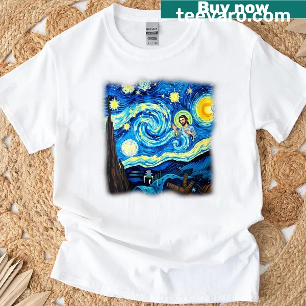 Vintage-style T-shirt featuring Jesus inspired by Starry Night art