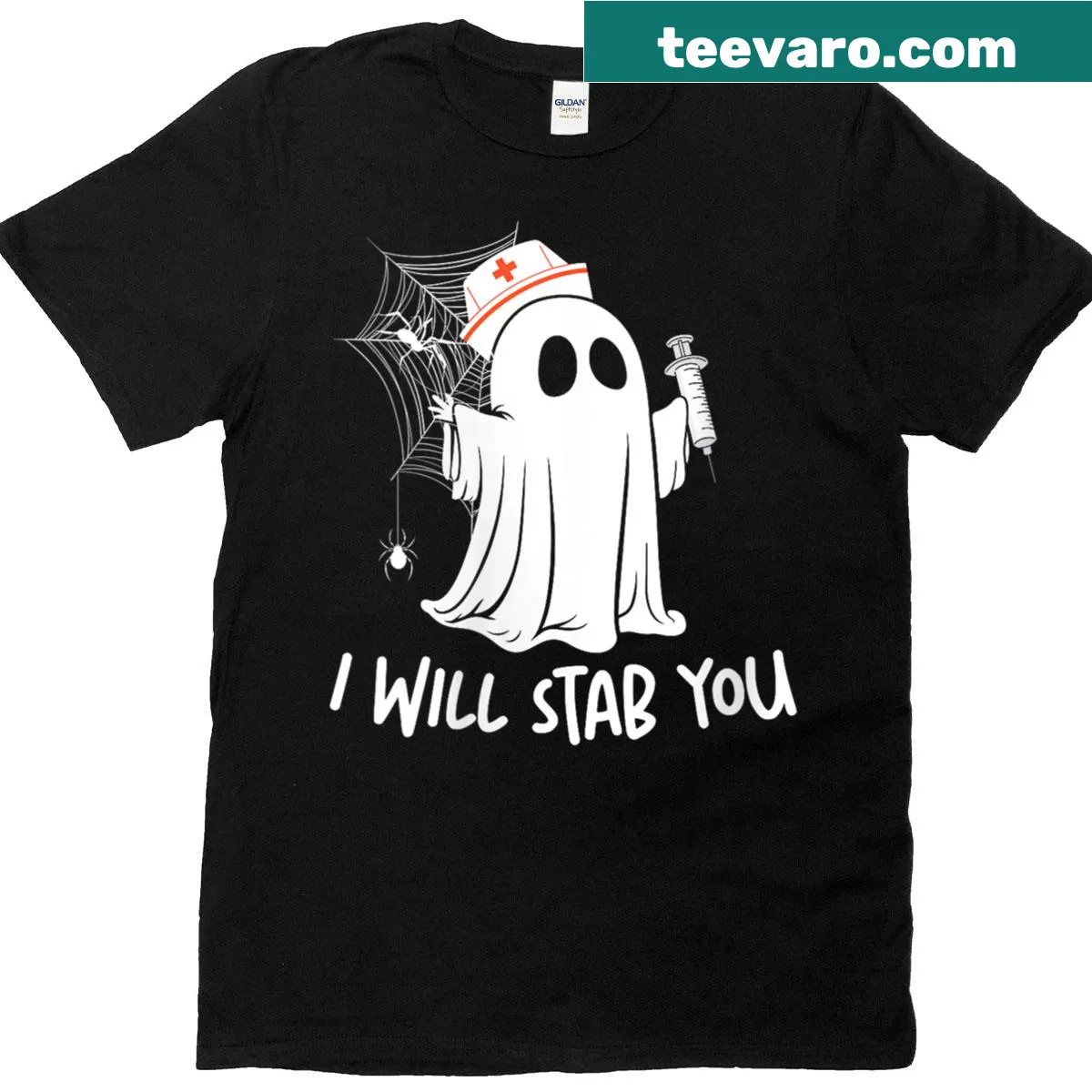 Halloween T-shirt featuring a ghostly nurse graphic — on a men's t-shirt