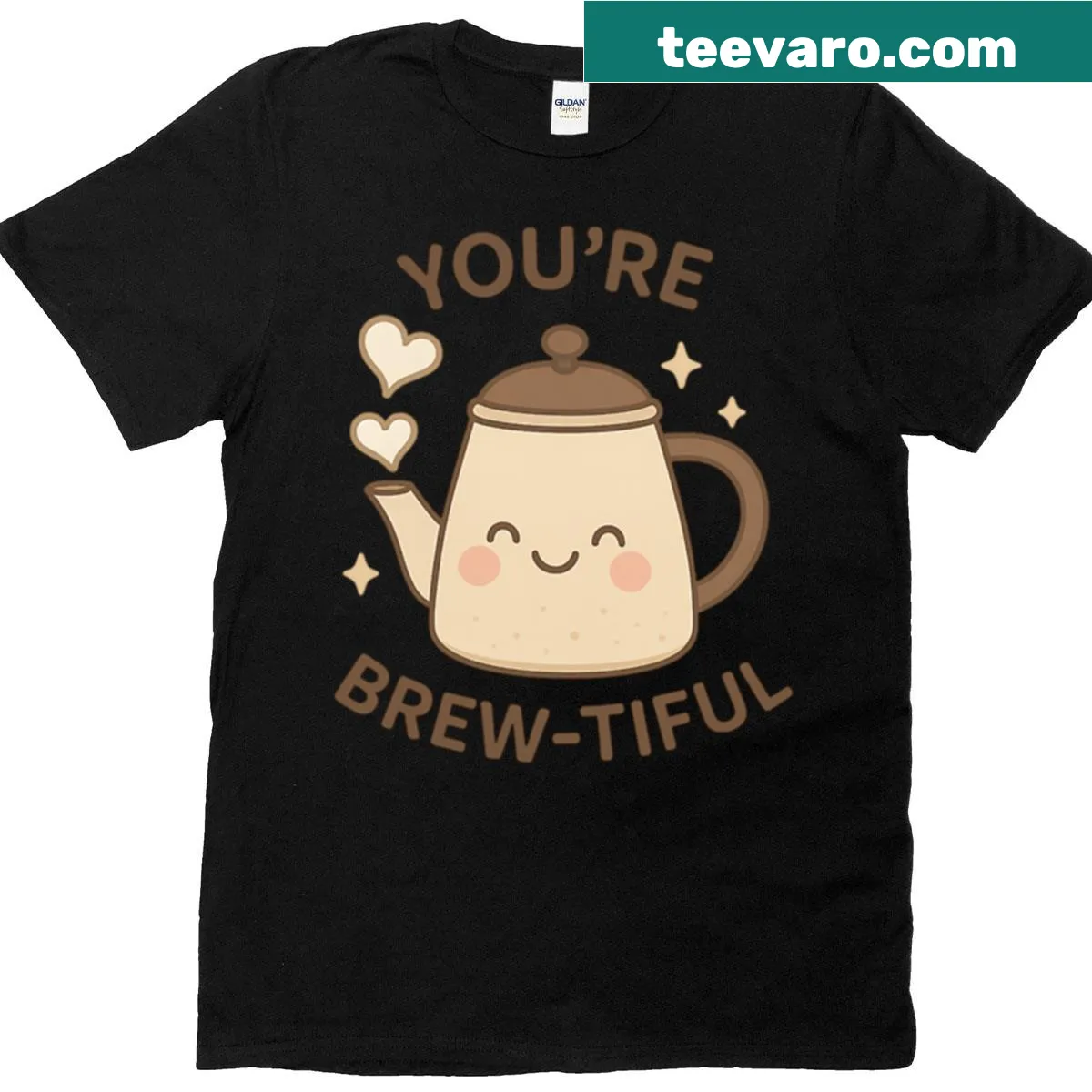Kawaii tea kettle with pun 'Youre Brew-tiful' on T-shirt — on a men's t-shirt