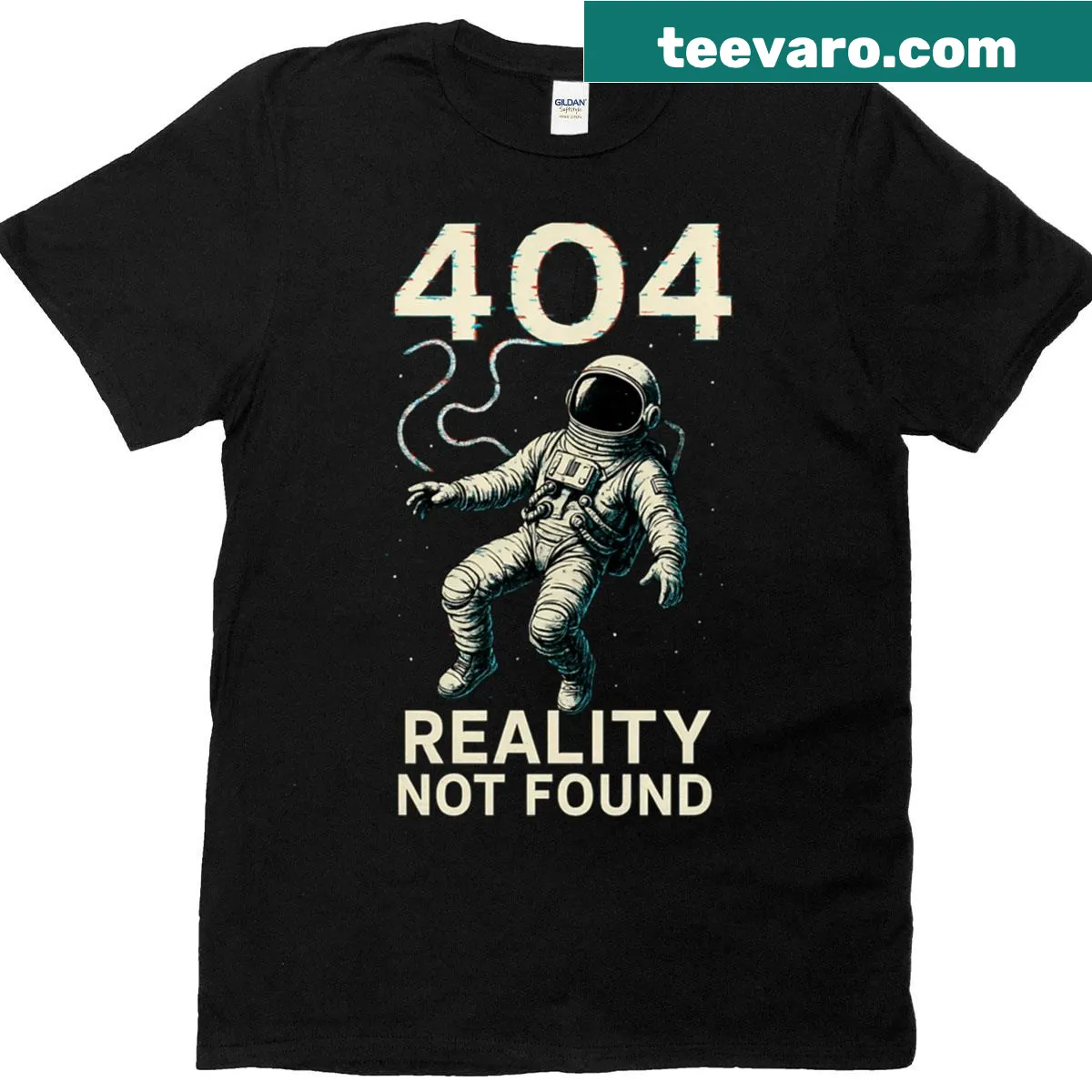 Astronaut T-shirt with '404 Reality Not Found' graphic in glitch style — on a men's t-shirt