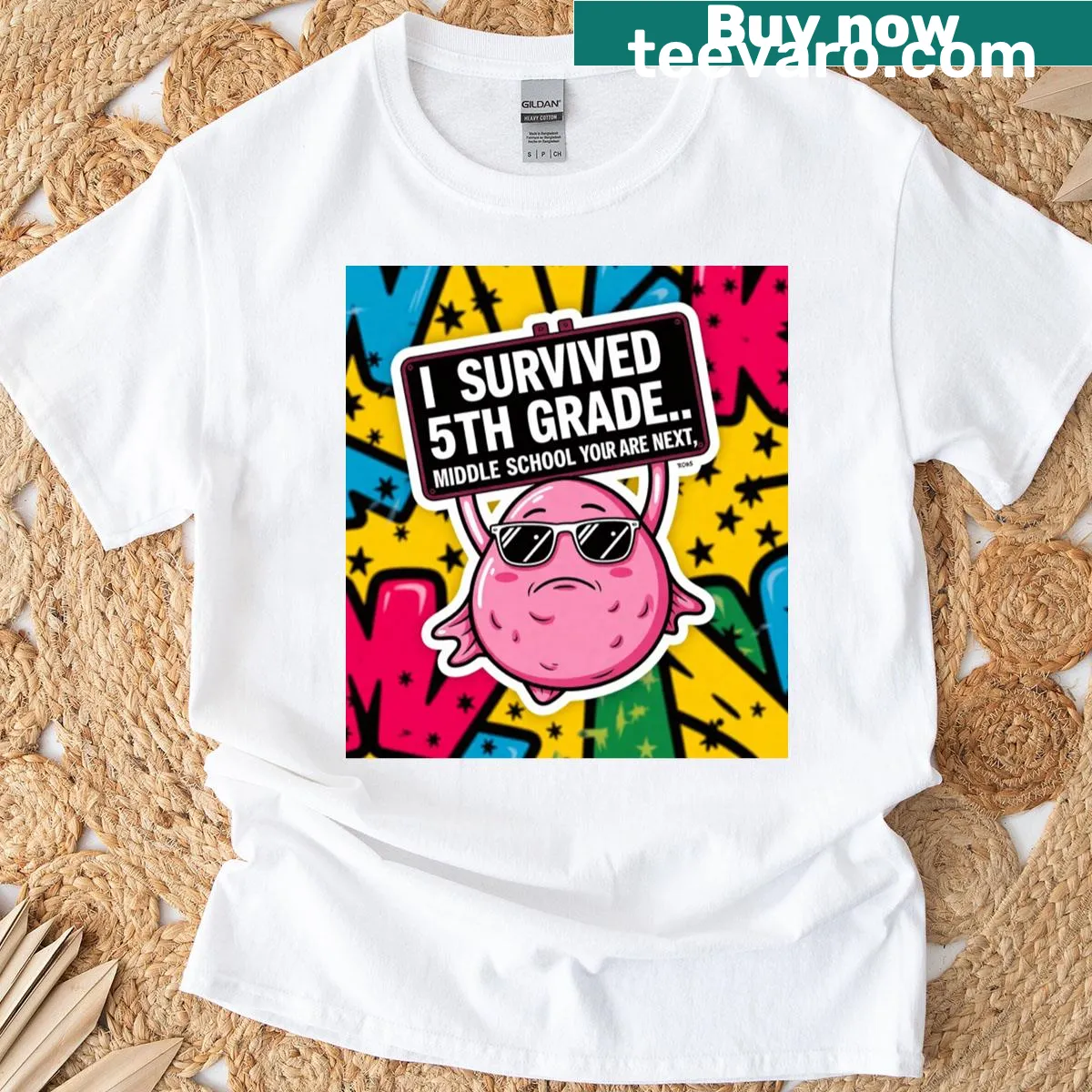 Graduation t-shirt celebrating survival of 5th grade with playful text — on a men's t-shirt