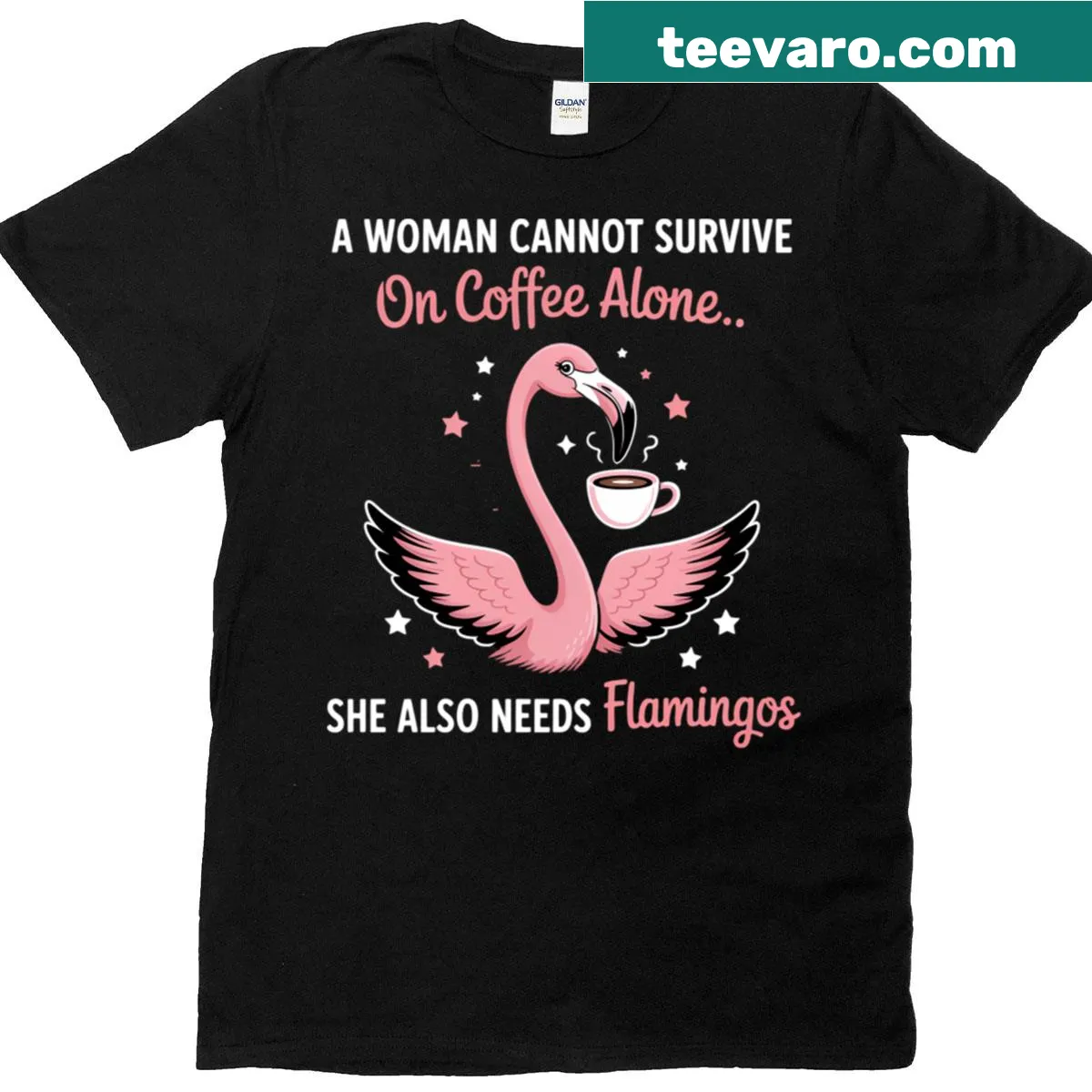 T-shirt with illustration of flamingos and coffee-themed text — on a men's t-shirt