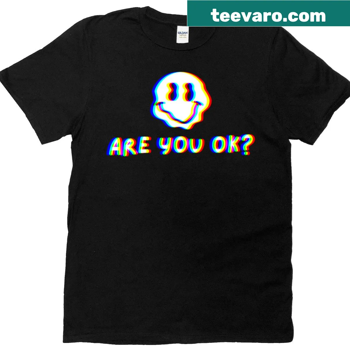 T-shirt featuring a glitchy smiley face design in trippy vaporwave style — on a men's t-shirt