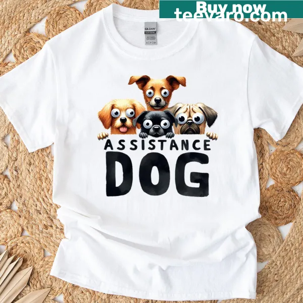 Illustration of an assistance dog on a T-shirt celebrating companionship.