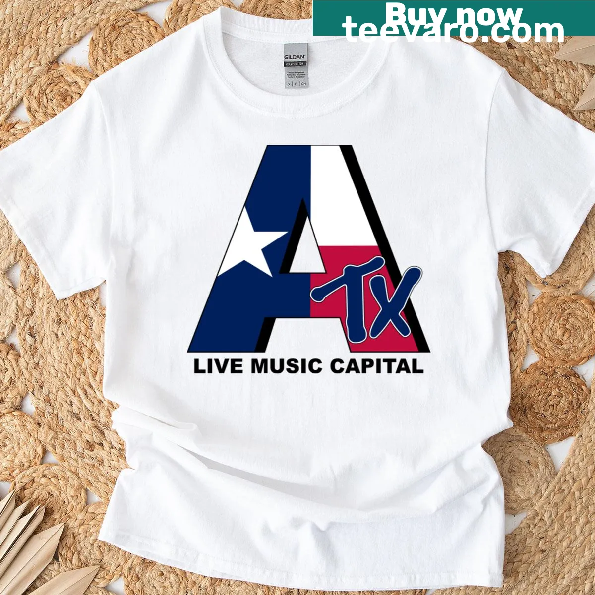 T-shirt celebrating Austin's live music scene — on a men's t-shirt