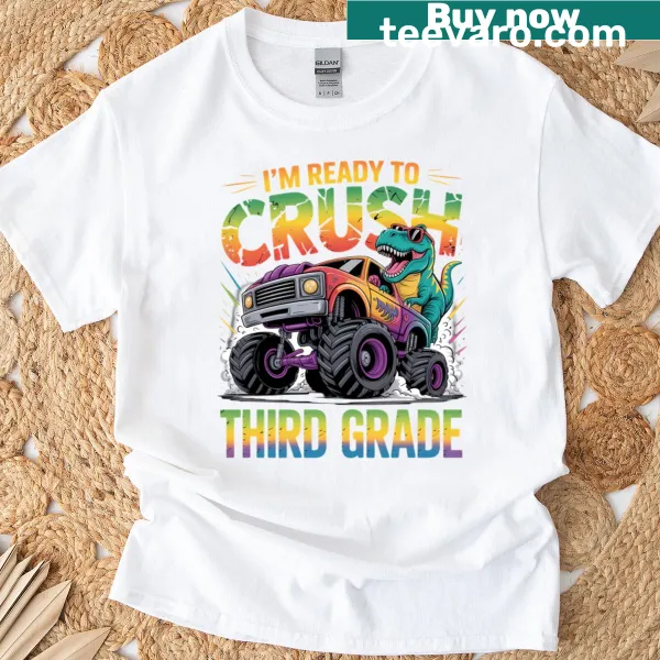 Boy's T-shirt with dinosaur graphic and 'I'm Ready To Crush Third Grade' text
