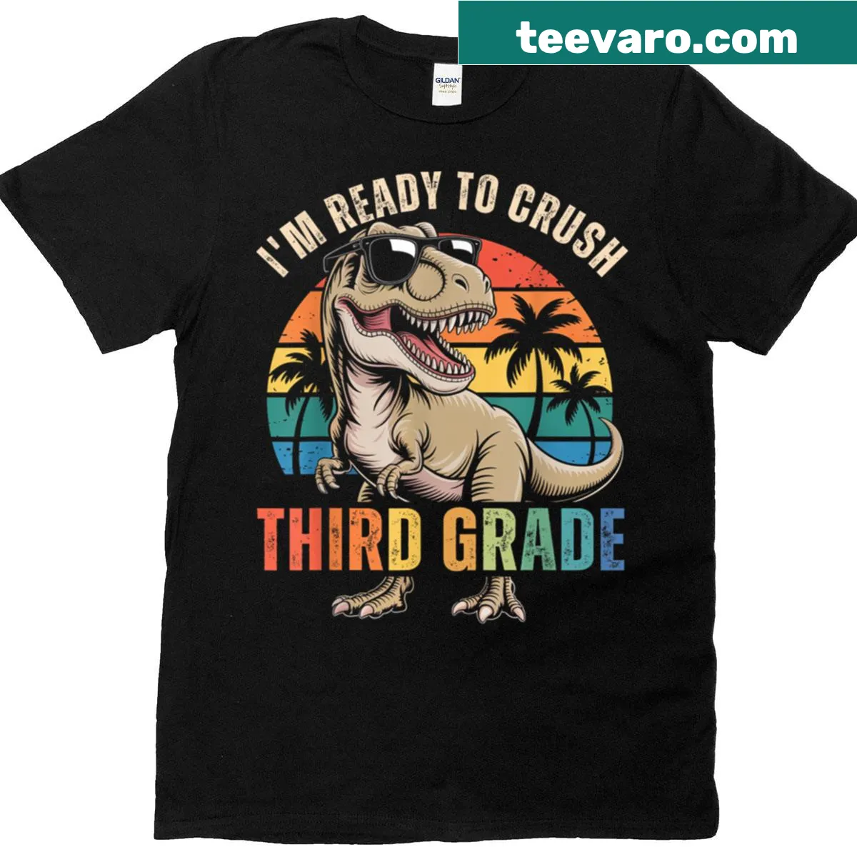 Dinosaur graphic with 'I'm Ready To Crush Third Grade' on T-shirt — on a men's t-shirt