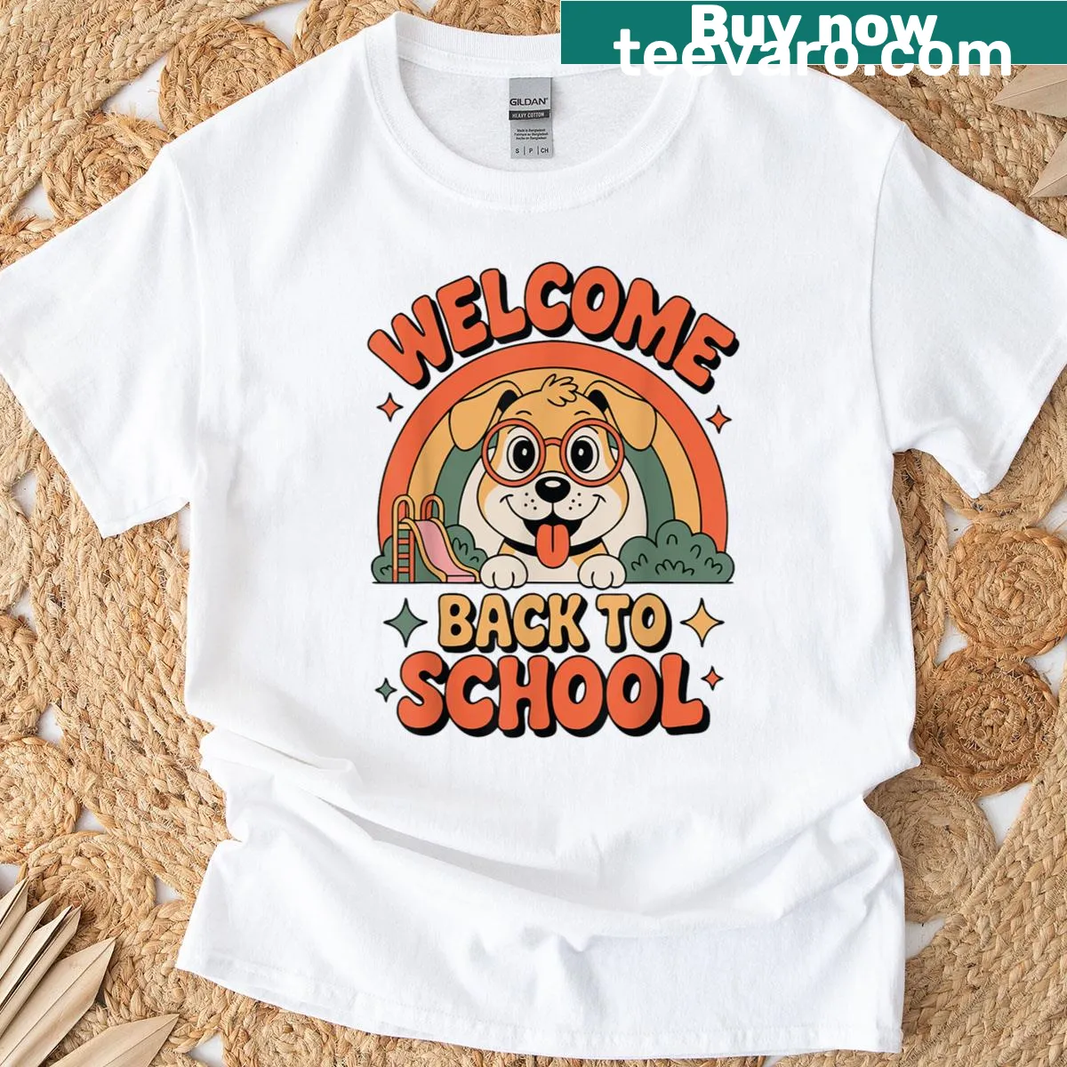 Funny T-shirt welcoming teachers and students with a dog graphic — on a men's t-shirt