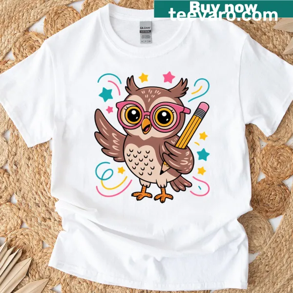 Illustrated owls dressed for school on a student t-shirt