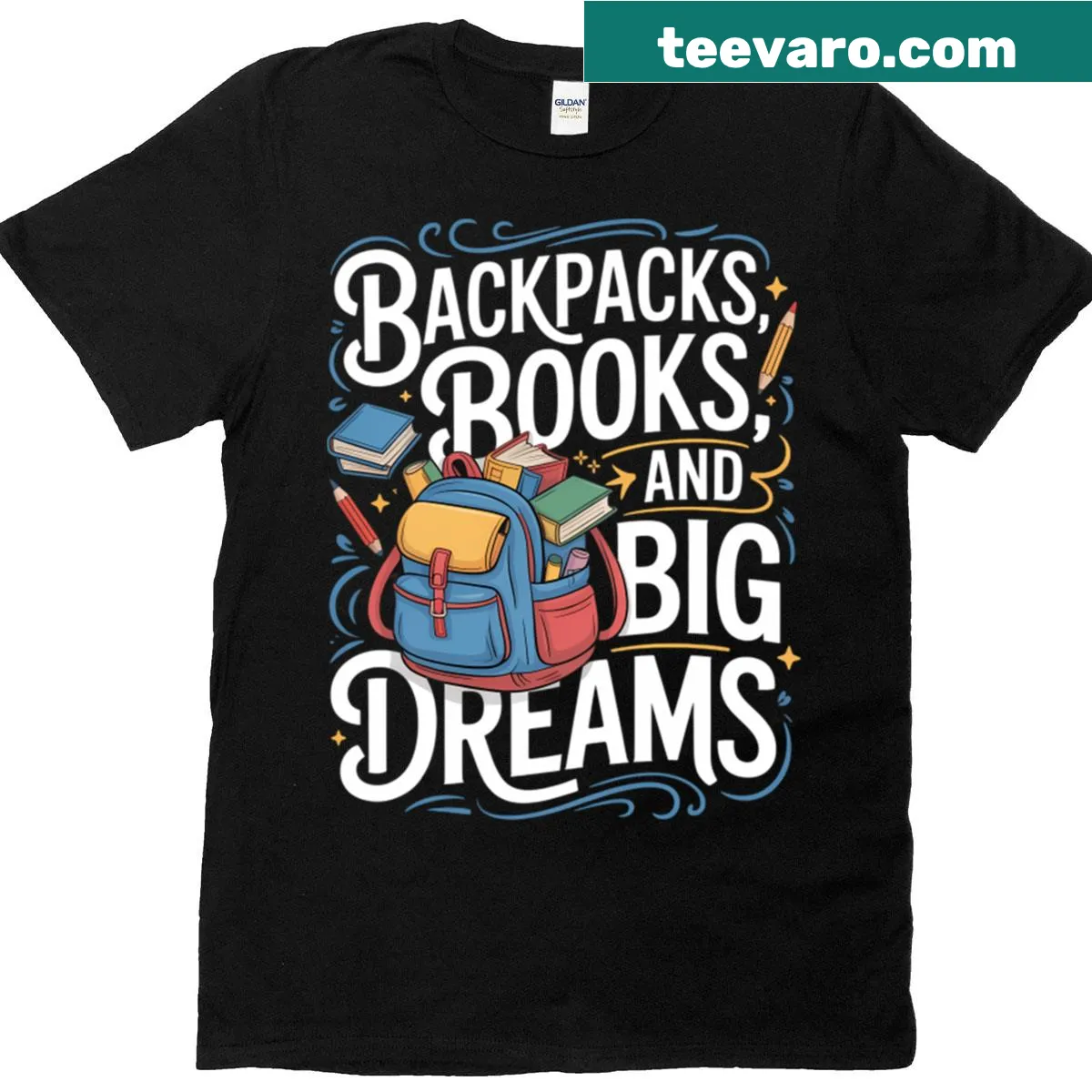 Typography T-shirt featuring 'Big Dreams' with backpack and book illustrations — on a men's t-shirt
