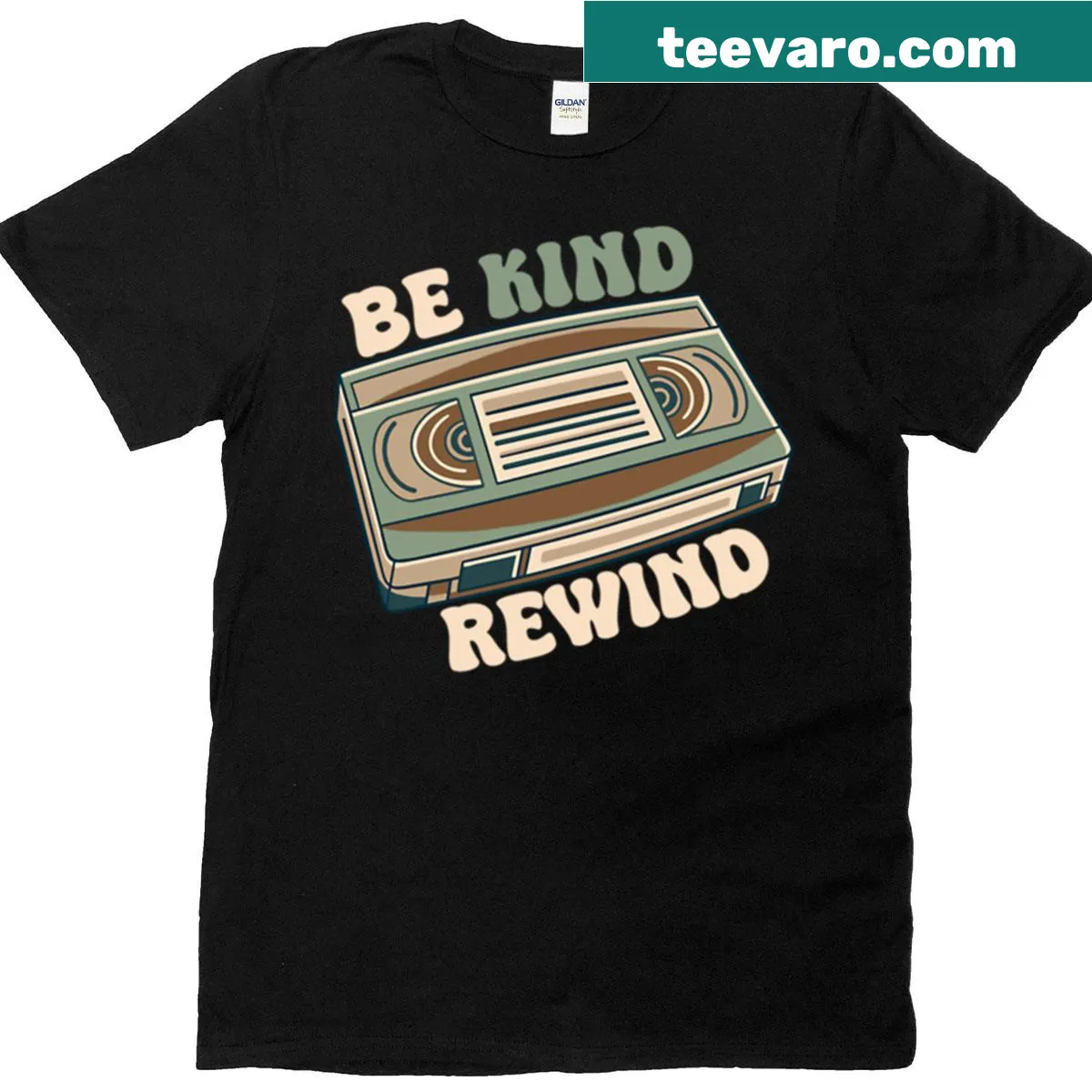 Retro T-shirt with 'Be Kind Rewind' phrase referencing video cassettes — on a men's t-shirt