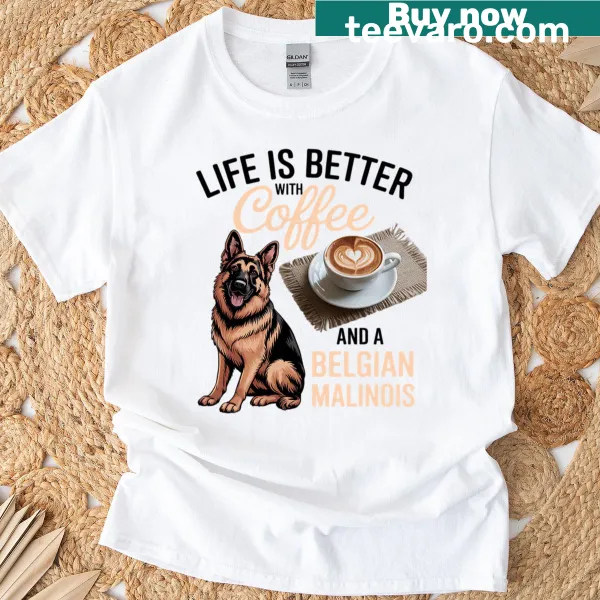 Illustration of a Belgian Malinois with coffee text