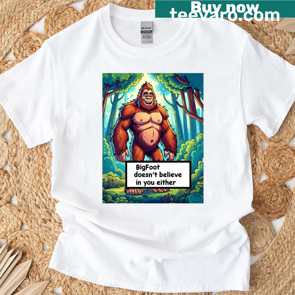 Oversized funny Bigfoot t-shirt with cryptid meme design — on a men's t-shirt