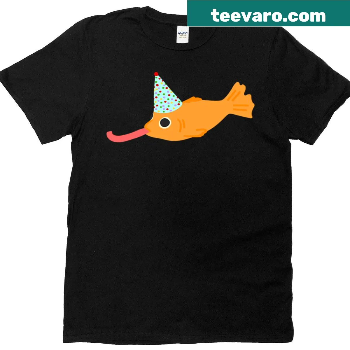 Cartoon goldfish on a T-shirt for birthday celebrations, adding humor to the occasion. — on a men's t-shirt