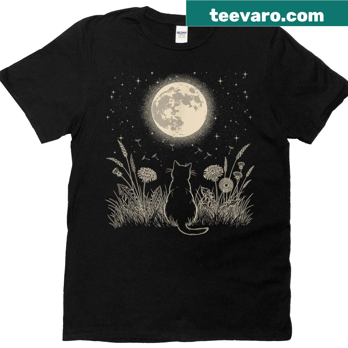 Halloween T-shirt featuring a black cat with moon and floral designs — on a men's t-shirt