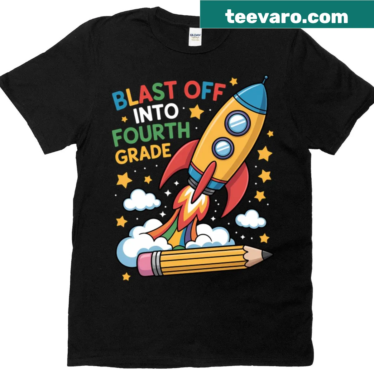 Rocket graphic blasting off for kids' fourth grade back-to-school T-shirt — on a men's t-shirt