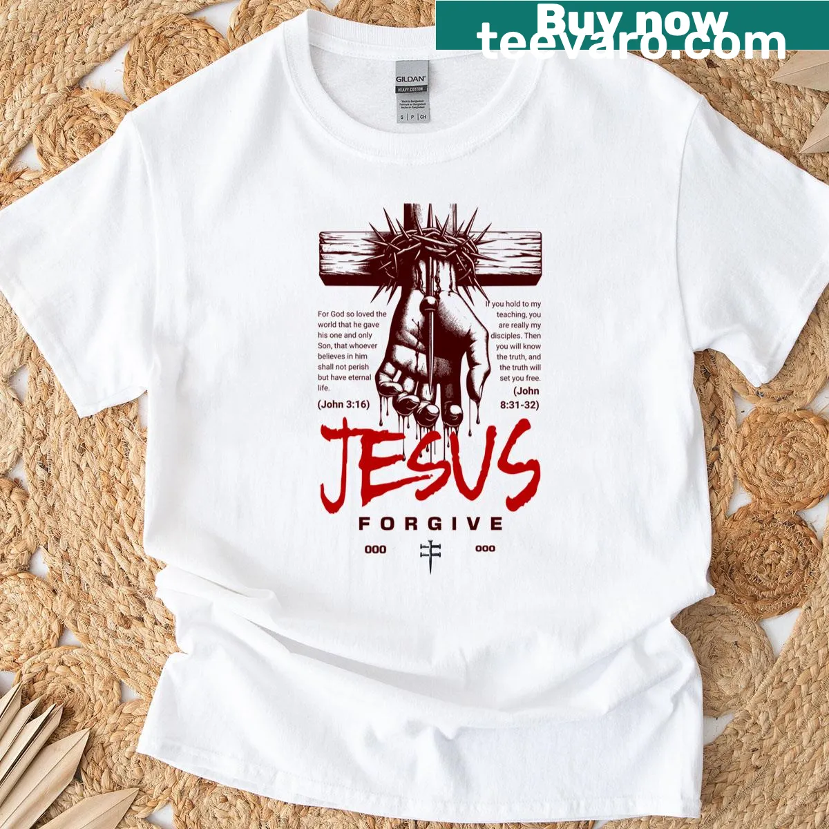 Bold graphic tee featuring Christian message about forgiveness — on a men's t-shirt