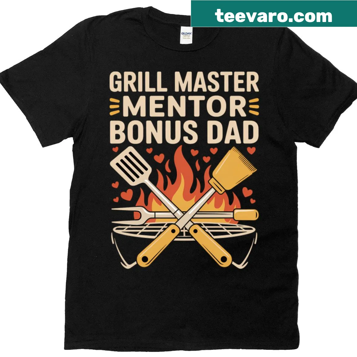 T-shirt celebrating a 'Bonus Dad Grill Master' theme with BBQ heart graphic. — on a men's t-shirt