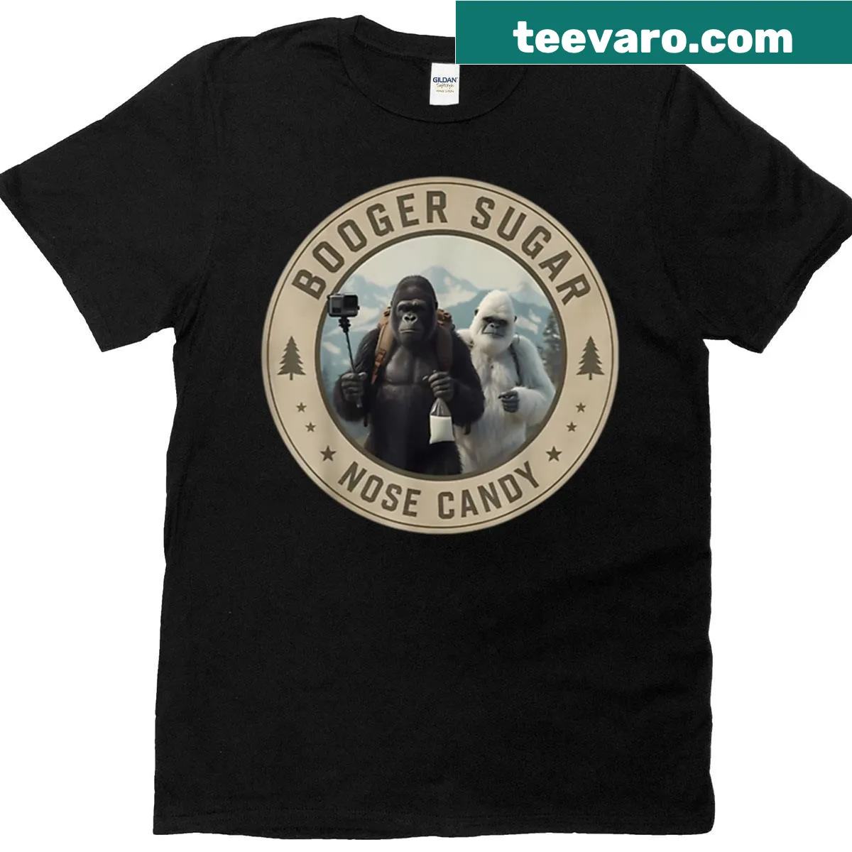 Cartoon yeti with oversized nose and 'Booger Sugar' text on T-shirt — on a men's t-shirt