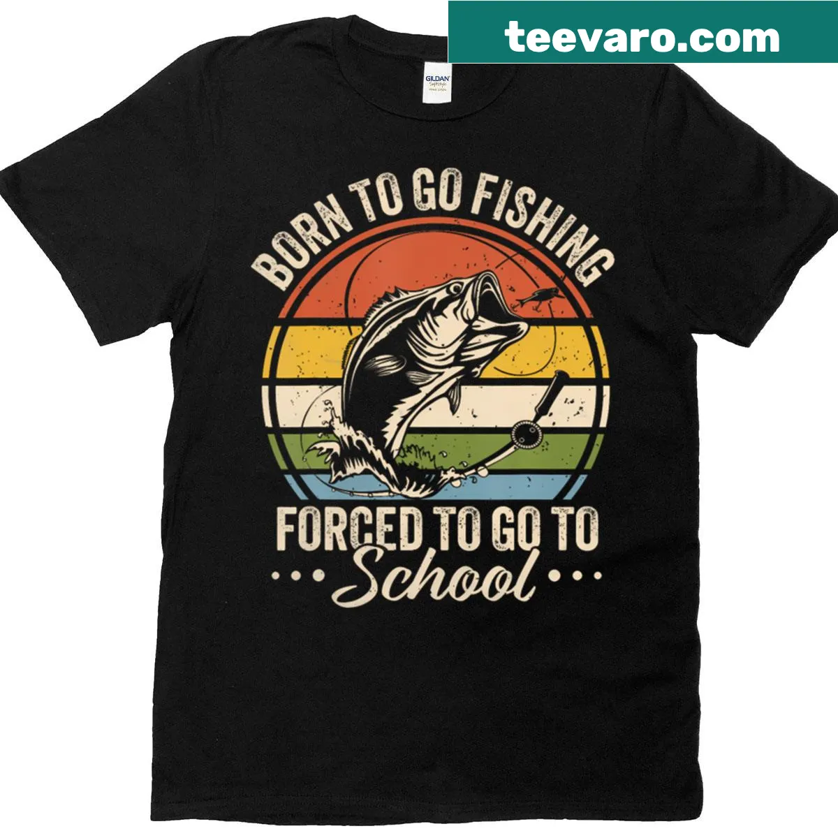 Comedic T-shirt with 'Born To Go Fishing Forced To Go To School' text. — on a men's t-shirt