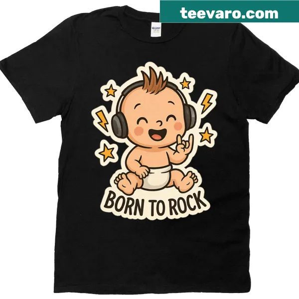 Cartoon graphic with 'Born To Rock' text on Baby T-shirt