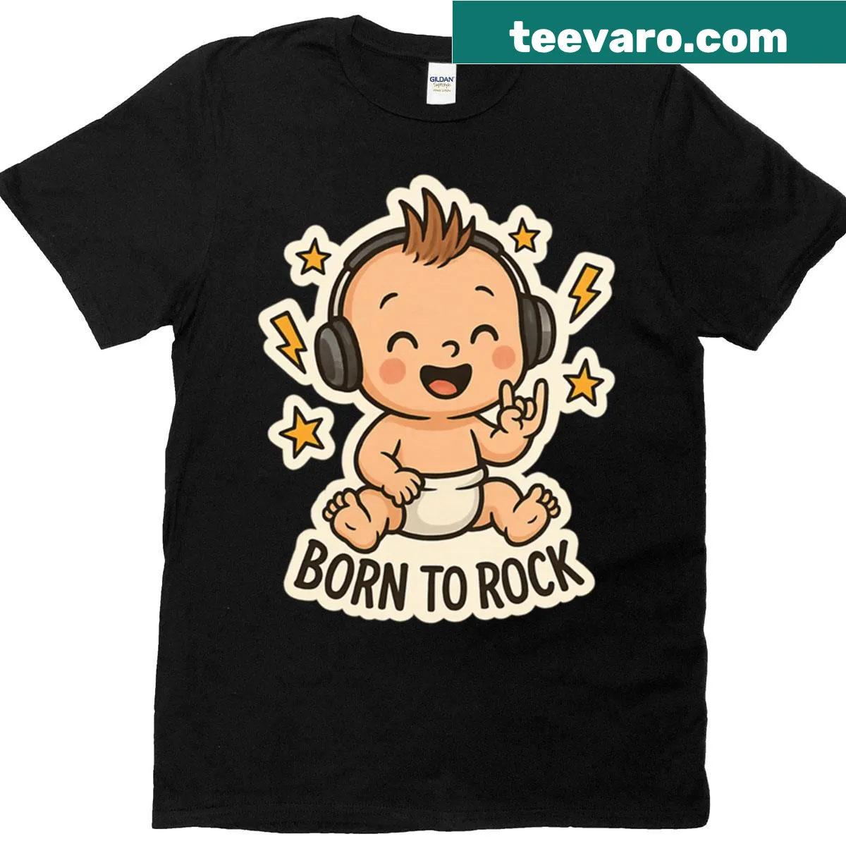 Cartoon graphic with 'Born To Rock' text on Baby T-shirt — on a men's t-shirt