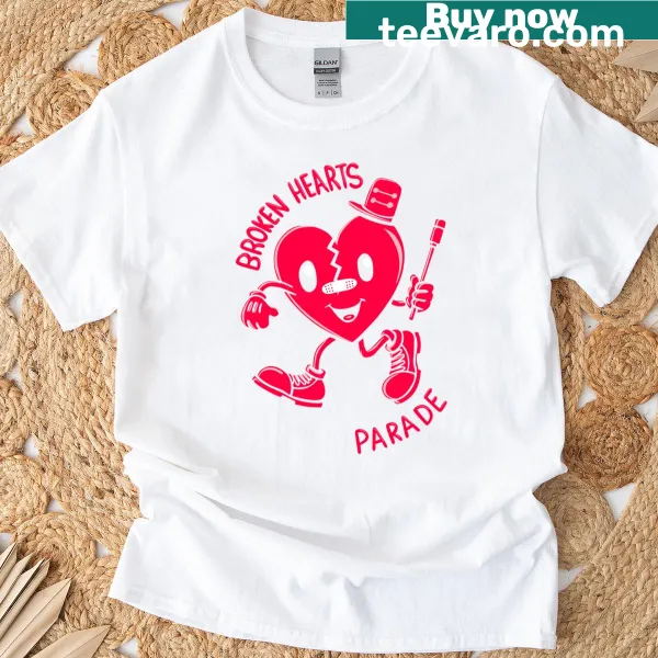 Playful graphic of the Broken Hearts Parade on an oversized t-shirt