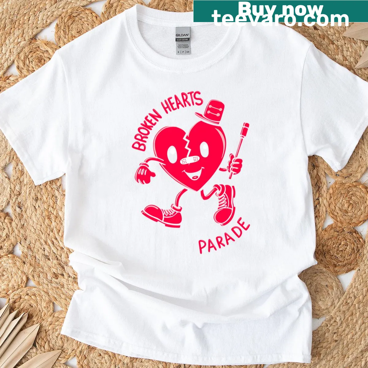 Playful graphic of the Broken Hearts Parade on an oversized t-shirt — on a men's t-shirt